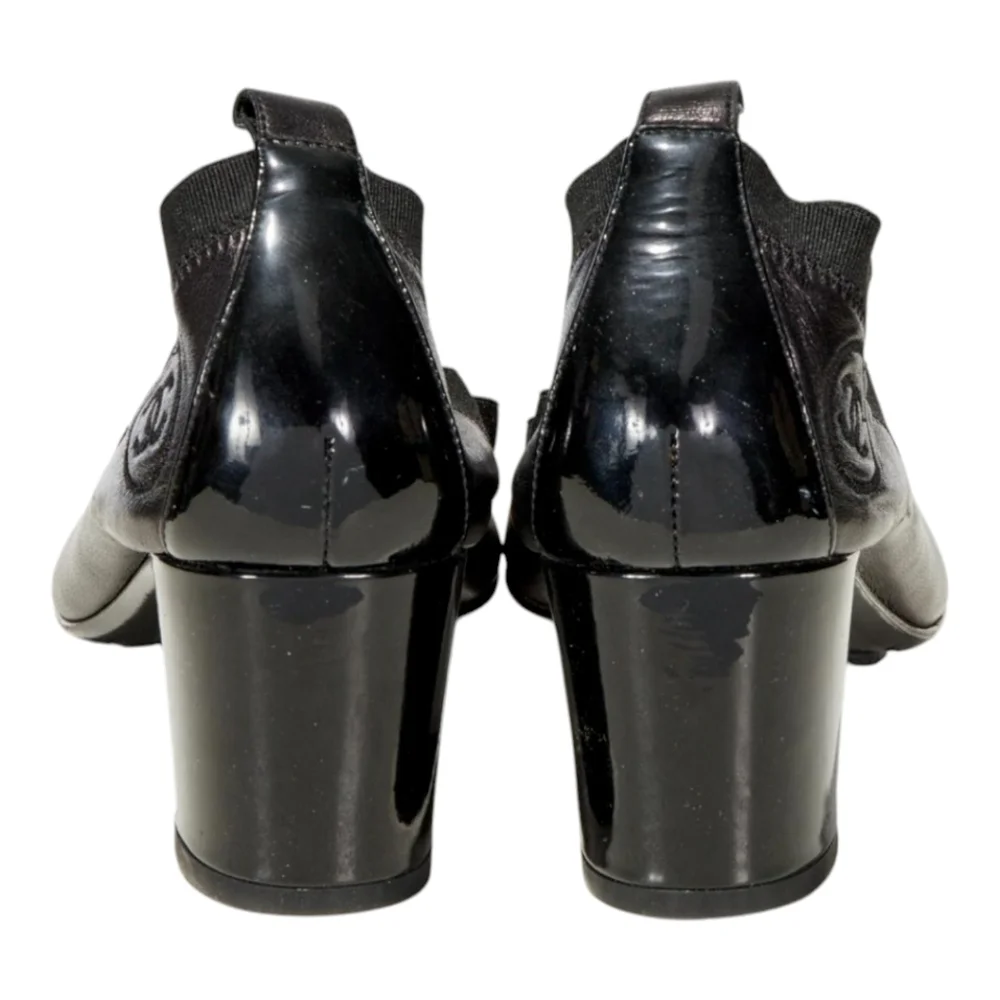 Chanel Stretch Spirit Black Leather Cap Toe Block Heel Pumps 40.5